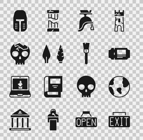 Set Exit sign, Earth globe, Museum ticket, Roman army helmet, Stone age arrow Ilustración de archivo