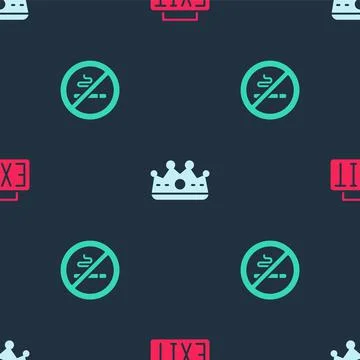 Set Exit sign, King crown and No Smoking on seamless pattern. Vector Stock Illustration