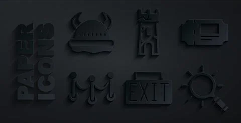 Set Exit sign, Museum ticket, Rope barrier, Magnifying glass, Castle tower and Ilustración de archivo