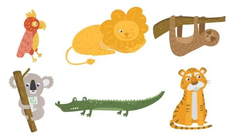 Set of exotic cartoon animals. Vector illustration. Illustrazione stock