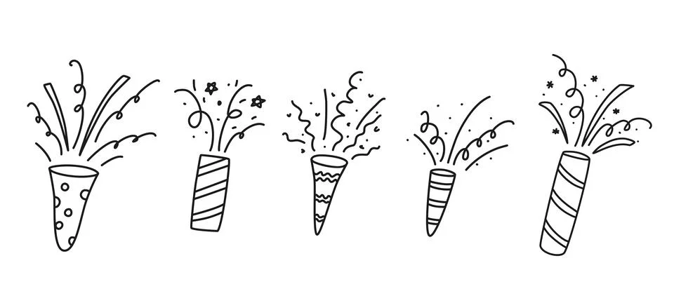 Set of exploding firecrackers with confetti, sparks, ribbons 스톡 일러스트