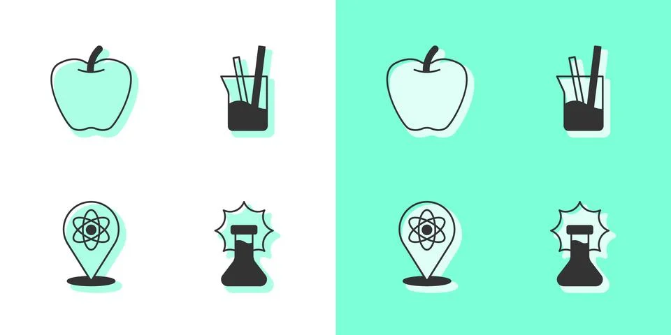 Set Explosion in the flask, Apple, Atom and Laboratory glassware icon. Vector Illustrazione stock