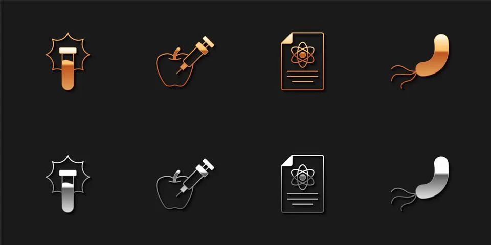 Set Explosion in the flask, Genetically modified apple, Chemistry report and Stock Illustration