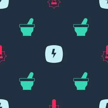 Set Explosion in the flask, Lightning bolt and Mortar and pestle on seamless  스톡 일러스트