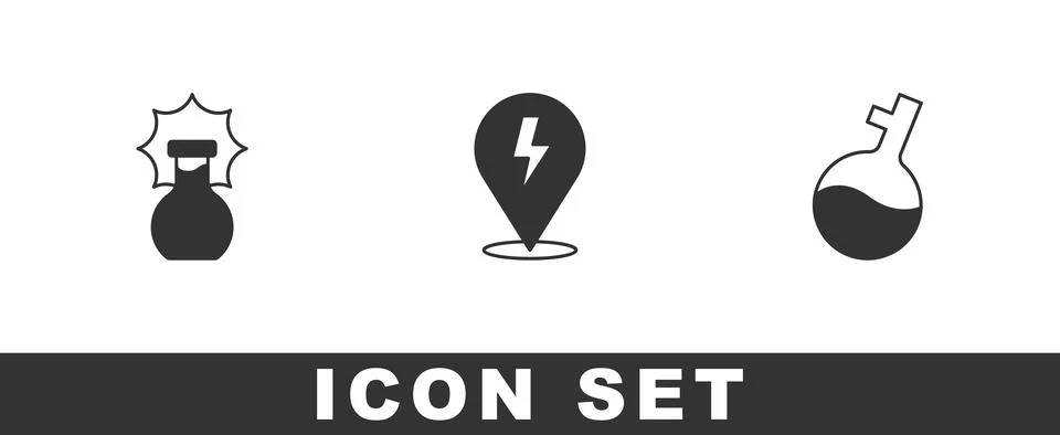 Set Explosion in the flask, Lightning bolt and Test tube icon. Vector Illustrazione stock