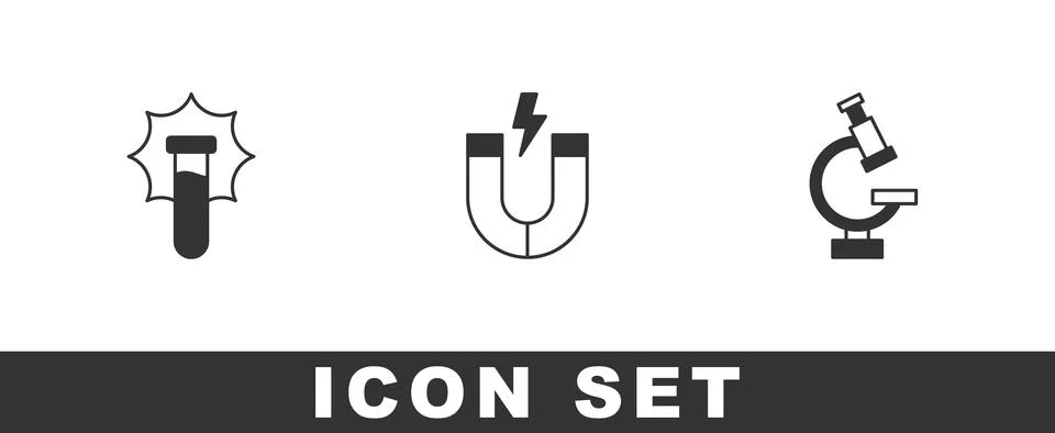 Set Explosion in the flask, Magnet and Microscope icon. Vector Illustrazione stock