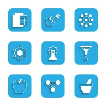 Set Explosion in the flask, Molecule, Mortar and pestle, Funnel filter, Apple Stock Illustration