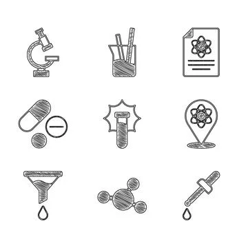 Set Explosion in the flask, Molecule, Pipette, Atom, Funnel or filter, Medi.. Stock Illustration