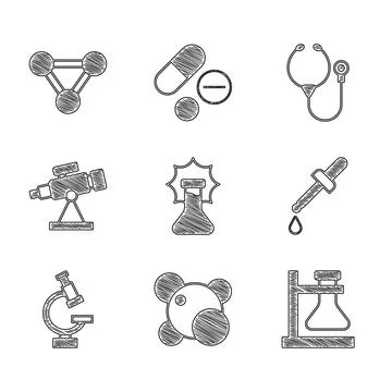 Set Explosion in the flask, Molecule, Test tube stand, Pipette, Microscope,.. Stockillustratie