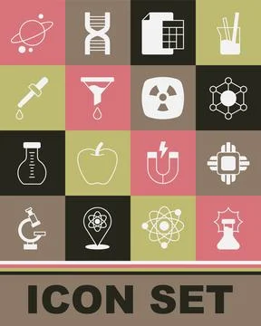 Set Explosion in the flask, Processor CPU, Molecule, Calculator, Funnel fil.. Stock Illustration