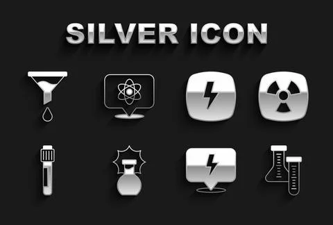 Set Explosion in the flask, Radioactive, Test tube, Lightning bolt, Funnel or Stock Illustration
