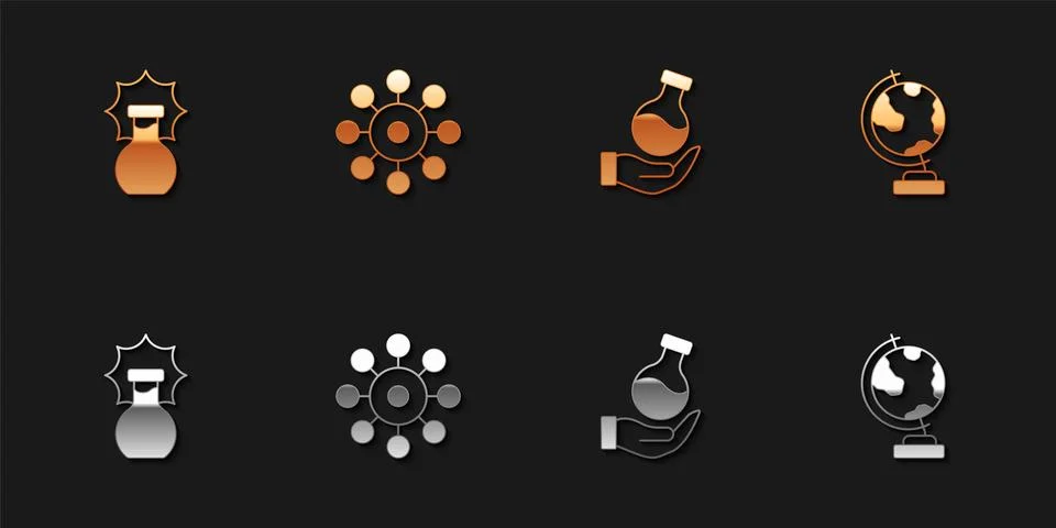 Set Explosion in the flask, Virus, Test tube and Earth globe icon. Vector Stock Illustration