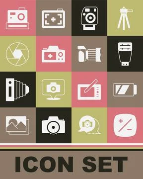 Set Exposure compensation, Battery for camera, Photo flash, Camera shutter, and Illustrazione stock