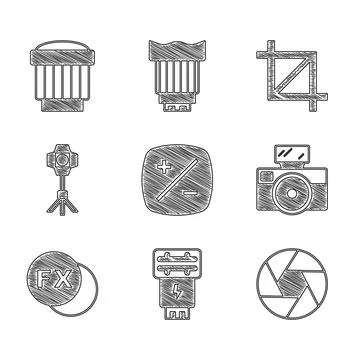 Set Exposure compensation, Photo camera flash, Camera shutter, with, fx, Softbox Stock Illustration