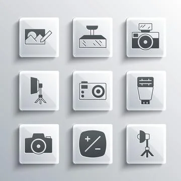 Set Exposure compensation, Softbox light, Photo camera flash, retouching and Stockillustratie