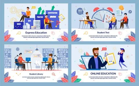 Set Express Education, Student Library, Cartoon. Banner Inscription Student T Stock Illustration