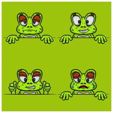 Set Of Expression Frog Face Cartoon. Bored, Crying, Smug And Happy Face Exp.. Stock Illustration