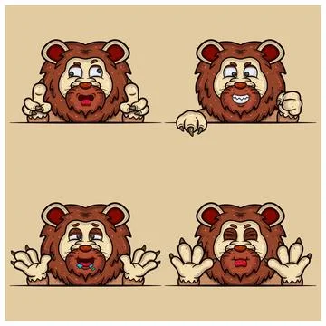 Set Of Expression Lion Face Cartoon. Crazy, Evil, Hungry and Taunt Face Exp.. Stock Illustration