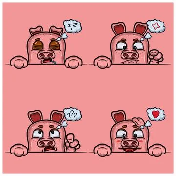 Set of expression pig face cartoon. Sleep, angry, confused and loving face .. Stock Illustration