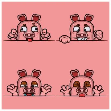 Set of expression pig face cartoon. Crazy, evil, hungry and taunt face expr.. Stock Illustration
