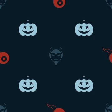 Set Eye, Devil head and Pumpkin on seamless pattern. Vector Illustrazione stock