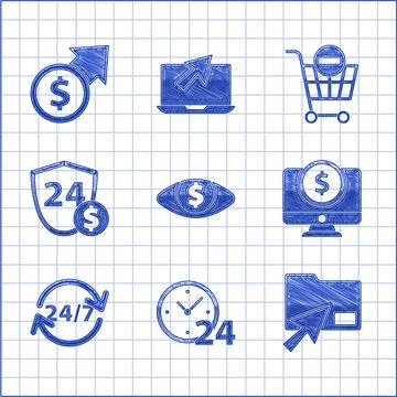 Set Eye with dollar, Clock 24 hours, Cursor click document folder, Computer Stock Illustration