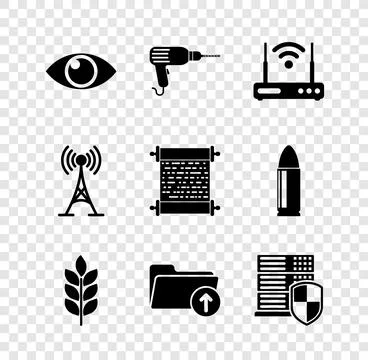 Set Eye, Drill machine, Router and wi-fi, Wheat, Download arrow with folder.. Stock-Illustration
