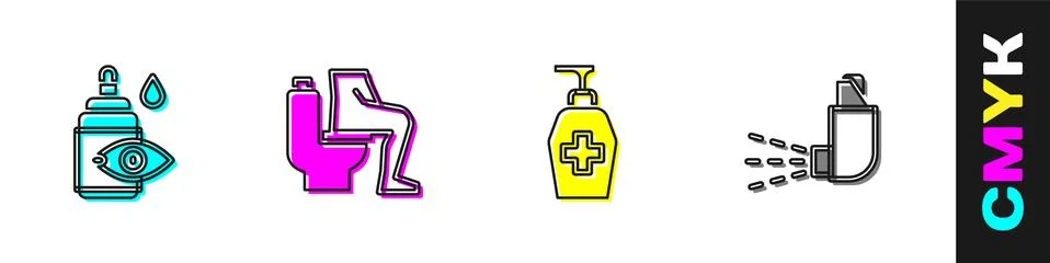 Set Eye drop bottle, Constipation, Liquid antibacterial soap and Inhaler icon イラスト素材