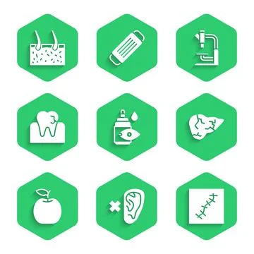 Set Eye drop bottle, Deaf, Scar with suture, Hepatitis virus, Apple, Tooth Stock Illustration