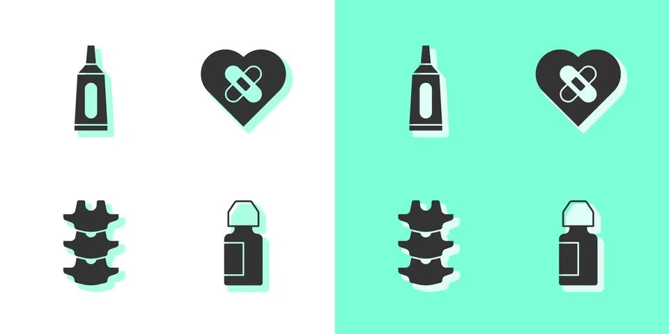 Set Eye drop bottle, Ointment cream tube medicine, Human spine and Healed broken Stock Illustration