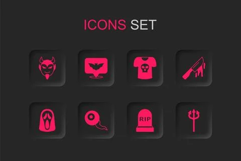Set Eye, Flying bat, Devil head, Tombstone with RIP written, Bloody knife, .. Illustrazione stock