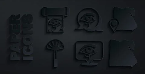 Set Eye of Horus, Map Egypt, Egyptian fan, and on papyrus scroll icon. Vector Stock Illustration