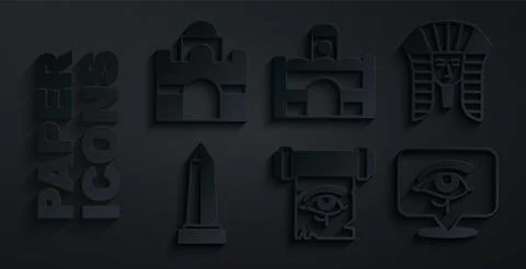 Set Eye of Horus on papyrus scroll, Egyptian pharaoh, Obelisk Alexandria, house Ilustración de archivo