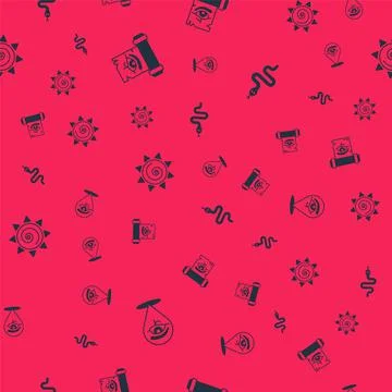 Set Eye of Horus, on papyrus scroll, Sun and Snake on seamless pattern. Vecto Stock Illustration