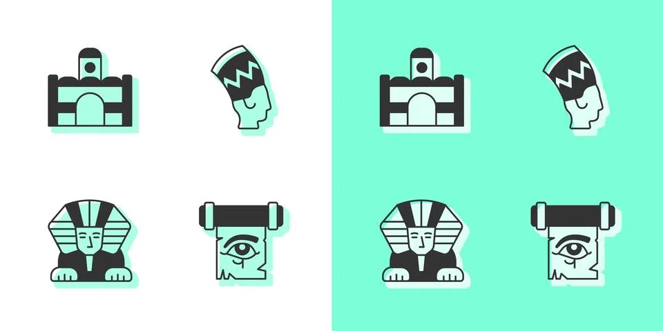 Set Eye of Horus on papyrus scroll, Egyptian house, Sphinx and Nefertiti ic.. Stock Illustration