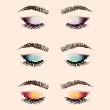 Set of eye makeup. Closed eye with long eyelashes and eyebrows. Illustrazione stock