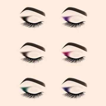 Set of eye makeup. Closed eye with long eyelashes. Stock Illustration