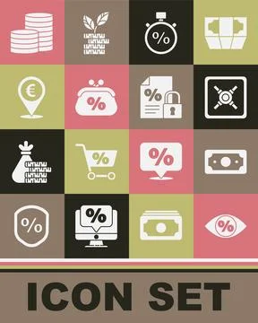 Set Eye with percent, Stacks paper money cash, Safe, Stopwatch and, Purse, .. Stock Illustration