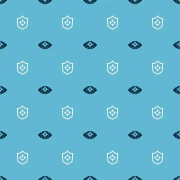 Set Eye scan and Shield on seamless pattern. Vector Stock Illustration