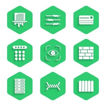Set Eye scan, Barbed wire, Garden fence wooden, Bricks, Server, Data, Web Ilustración de archivo