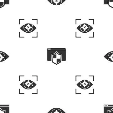 Set Eye scan, Browser with shield and on seamless pattern. Vector Illustrazione stock