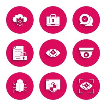 Set Eye scan, Browser with shield, Security camera, System bug, Document an.. Illustrazione stock