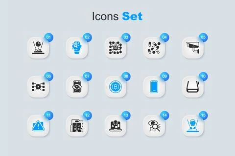 Set Eye scan, Computer vision, Smart glasses spectacles, Exclamation mark i.. Illustrazione stock
