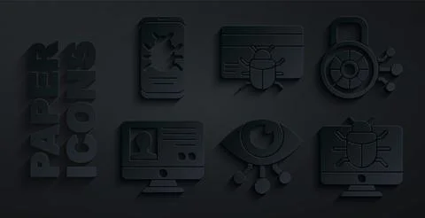 Set Eye scan, Cyber security, Create account screen, System bug on monitor, in Stock Illustration