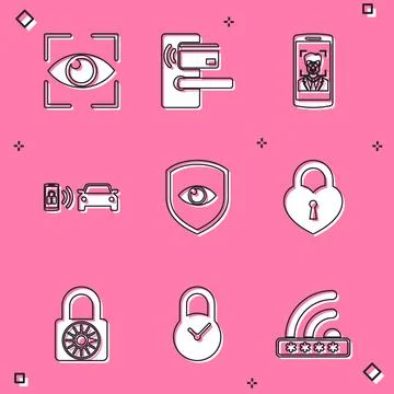 Set Eye scan, Digital door lock with wireless, Mobile and face recognition,.. Illustration