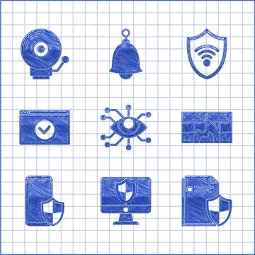 Set Eye scan Document protection concept Firewall security wall Smartphone wi Illustrazione stock