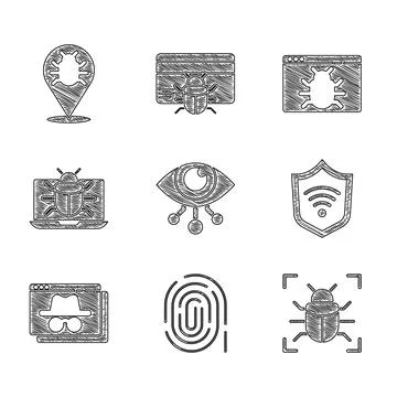 Set Eye scan, Fingerprint, System bug, Shield with WiFi wireless, Browser Stock-Illustration