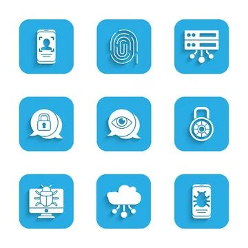 Set Eye scan, Internet of things, System bug on mobile, Safe combination lock Illustrazione stock