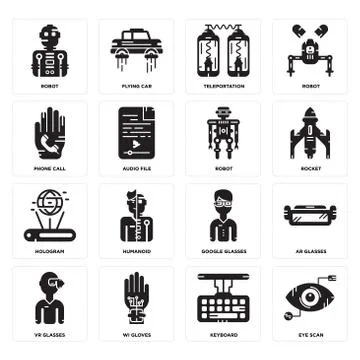 Set of Eye scan, Keyboard, Vr glasses, Google Hologram, Robot, Phone call, Te 免费库存插图