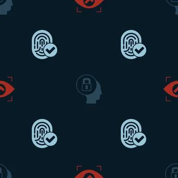 Set Eye scan, Lock and Fingerprint on seamless pattern. Vector Illustrazione stock